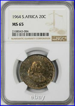 1964 South Africa 20 Cents Ngc Ms 65 Silver Only 6 Graded Higher! Toned