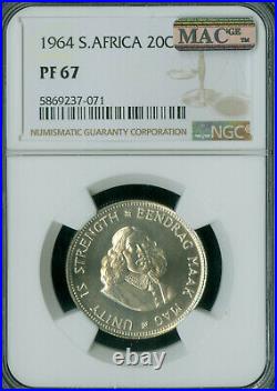 1964 South Africa Silver 20 Cents Ngc Pf67 Pq Mac 2nd Finest Grade & Spotless