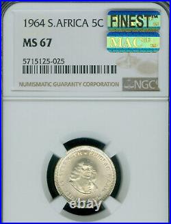 1964 South Africa Silver 5 Cents Ngc Ms67 Pq Mac Finest Grade Mac Spotless
