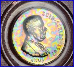 1967 South Africa 1 Rand Afrikaans Ag PCGS PR65 Neon Rainbow Electric Toned