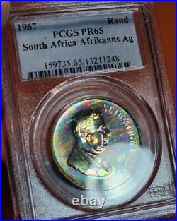 1967 South Africa 1 Rand Afrikaans Ag PCGS PR65 Neon Rainbow Electric Toned