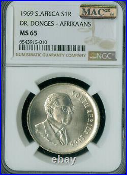 1969 South Africa Dr. Donges Afrikaans Silver 1 Rand Ngc Ms-65 Mac Mac Spotless