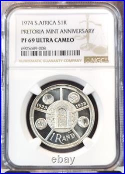 1974 South Africa Silver 1 Rand S1r Pretoria Mint Ngc Pf 69 Ultra Cameo Top Pop