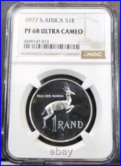 1977 South Africa Silver 1 Rand Springbok Ngc Pf 68 Ultra Cameo Rare Gem Proof