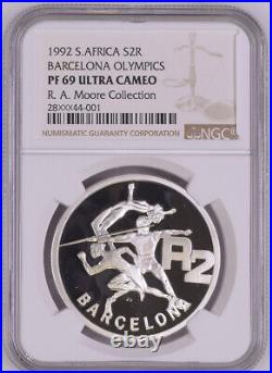 1992 SOUTH AFRICA SILVER PROOF BARECELONA OLYMPICS PF 69 ngc 2 RAND R2 001
