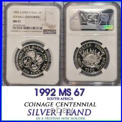 1992 South Africa SILVER 1 RAND NGC MS 67 COINAGE CENTENNIAL UNC ONLY 3 HIGHER