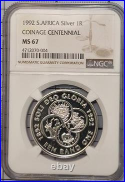 1992 South Africa SILVER 1 RAND NGC MS 67 COINAGE CENTENNIAL UNC ONLY 3 HIGHER