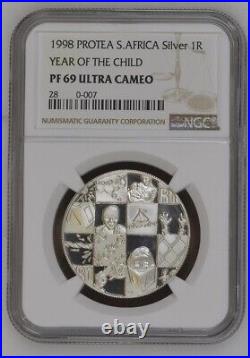 1998 South Africa SILVER 1 RAND NGC PF69 YEAR OF THE CHILD R1 PROTEA PUZZLE
