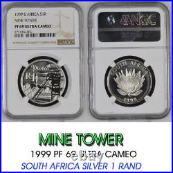 1999 SOUTH AFRICA SILVER 1 RAND mine tower PF69 ngc R1 PROOF 996-005