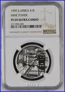1999 SOUTH AFRICA SILVER 1 RAND mine tower PF69 ngc R1 PROOF 996-005