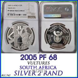 1 OZ SILVER VULTURES 2005 south africa 2 rand PF68 NGC R2 BIRDS OF PREY SERIES