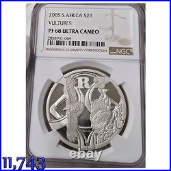 1 OZ SILVER VULTURES 2005 south africa 2 rand PF68 NGC R2 BIRDS OF PREY SERIES