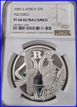 1 OZ SILVER VULTURES 2005 south africa 2 rand PF68 NGC R2 BIRDS OF PREY SERIES