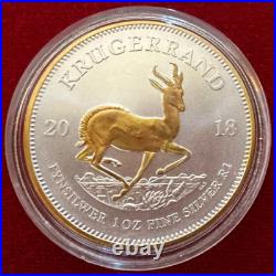 1 Troy OZ. 999 Silver 2018 South African Krugerrand with 24K Gilding by SFS