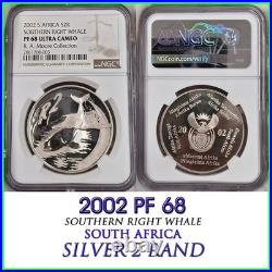 1 oz SILVER 2002 SOUTH AFRICA 2 RAND southern right whale PF68 NGC R2 new holder