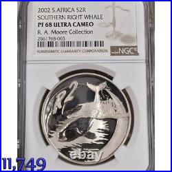 1 oz SILVER 2002 SOUTH AFRICA 2 RAND southern right whale PF68 NGC R2 new holder