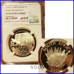 2000 SOUTH AFRICA SILVER PROOF PROTEA WINE ngc PF69 1 RAND R1