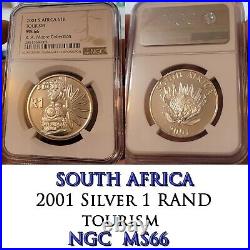 2001 SILVER 1 RAND MS66 ngc south africa TOURISM R1 bu