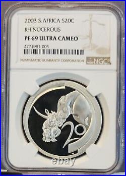 2003 South Africa Silver 20 Cents S20c Rhinocerous Ngc Pf 69 Ultra Cameo Top Pop