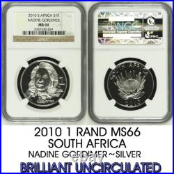 2010 South Africa SILVER 1 RAND NGC MS66 NADINE GORDIMER R1 Protea BU