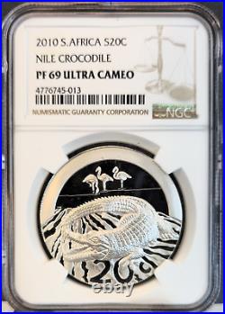 2010 South Africa Silver 20 Cents Nile Crocodile Ngc Pf 69 Ultra Cameo
