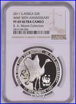2011 SOUTH AFRICA SILVER PROOF 2 rand NGC PF69 wwf 50th annv BLUE CRANE R2