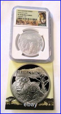 2015 Burundi African Lion NGC PF 70, UC, Proof, 999 Silver, COA 0864/1000