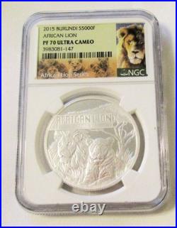 2015 Burundi African Lion NGC PF 70, UC, Proof, 999 Silver, COA 0864/1000
