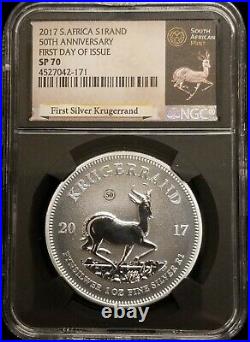 2017 1 oz South Africa Silver Krugerrand 50th Anniversary FDOI NGC SP70 withCOA