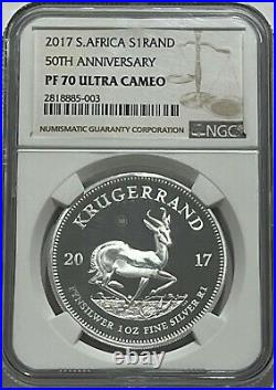 2017 NGC PF70 ULTRA CAMEO PROOF SILVER SOUTH AFRICAN KRUGERRAND 50th ANNIV. 1 OZ