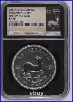 2017 NGC SP70 South Africa Silver Krugerrand 50th Anniv 1st Day of Issue
