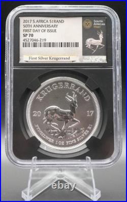 2017 NGC SP70 South Africa Silver Krugerrand 50th Anniv 1st Day of Issue