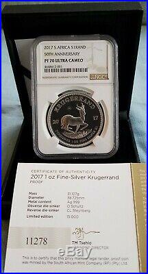 2017 SA Silver Proof Krugerrand 50th Anniversary NGC PF70 UC COA #11278