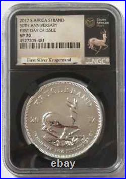 2017 SILVER SOUTH AFRICA KRUGERRAND 50th ANNIV NGC SP70 FIRST DAY OF ISSUE FDOI