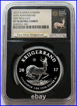 2017 SILVER SOUTH AFRICA KRUGERRAND NGC PF 70 FIRST RELEASES 50th ANNIV POUCH