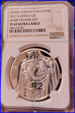 2017 SOUTH AFRICA SILVER PROOF 2 RAND heart transplant PF 69 ngc R2 inventions