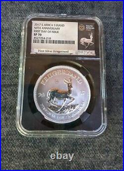 2017 S. Africa Silver Krugerrand 50th Anniversary 1st Day Of Issue SP 70