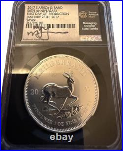 2017 S. African Silver KRUGERRAND NGC SP69 FDOI signed by Tumi Tsehlo