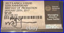 2017 S. African Silver KRUGERRAND NGC SP69 FDOI signed by Tumi Tsehlo