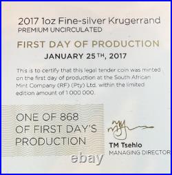 2017 Silver South Africa KRUGERRAND NGC SP69 signed by TUMI TSEHLO FDOP
