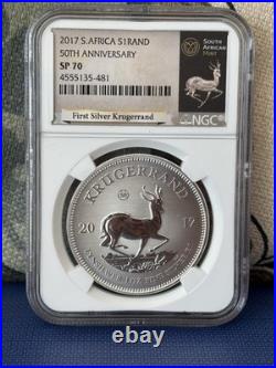2017 South Africa 1 Rand Krugerrand 50th Ann 50 Privy NGC SP70 RP. 999 Silver