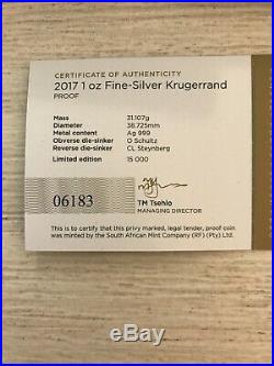 2017 South Africa 1oz Fine Silver Krugerrand Proof Coin WITH ORIGINAL BOX & COA