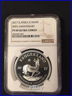 2017 South Africa S1Rand 50th Anniv PF69 Ultra Cameo Proof Krugerrand 1oz Silver