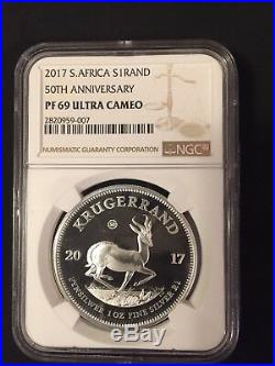 2017 South Africa S1Rand 50th Anniv PF69 Ultra Cameo Proof Krugerrand 1oz Silver