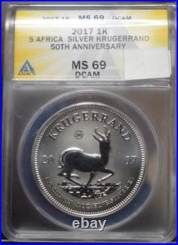 2017 South Africa Silver Krugerrand 50th Anniv Anacs Ms69dcam (1)