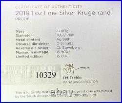 2018 SILVER SOUTH AFRICA PROOF KRUGERRAND 1 OZ COIN with BOX & COA