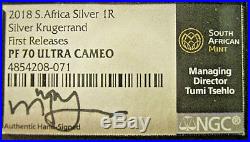 2018 S Africa 1R 1 Oz Silver Krugerrand Proof NGC PF70 FR Signed by Tumi Tsehlo