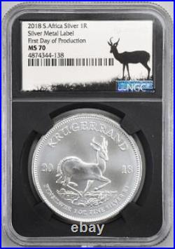 2018 S. Africa 1oz Silver 1R Krugerrand NGC MS70 First Day Production Metal Label