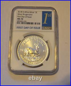 2018 S. Africa Silver Krugerrand Ngc Ms70 First Day Issue Fdi White Core