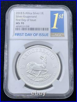 2018 South Africa 1 Oz. Fine Silver Krugerrand NGC MS70 FDOI Gold 1st